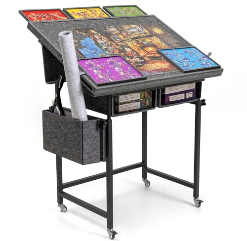 Lavievert 1500 Piece Tilting Puzzle Table with 5 Colored Drawers & Cover, Angle & Height Adjustable Jigsaw Puzzle Board with 3 Felt Storage Compartments, Portable Table with Legs & 4 Wheels for Adults