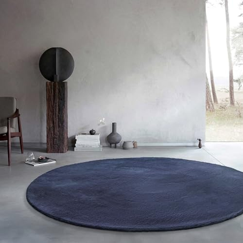 Wecon Home Basics - Flauschiger Hochflor Teppich – Stilvolles und Elegantes Design für Wohnzimmer, Schlafzimmer und mehr - Anna (100 cm rund, dunkelblau)