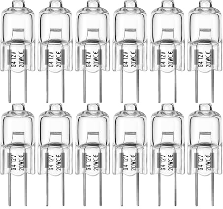 Tuwonwa 12PCS G4 Halogen Bulbs, G4 Halogen Light Bulbs 20W 12V, Clear Capsule Lamps, Warm White 2800K, 2 Pin Base, Dimmable Bulbs for Cabinet, Cooker Hoods, Ceiling, Table, Instant On
