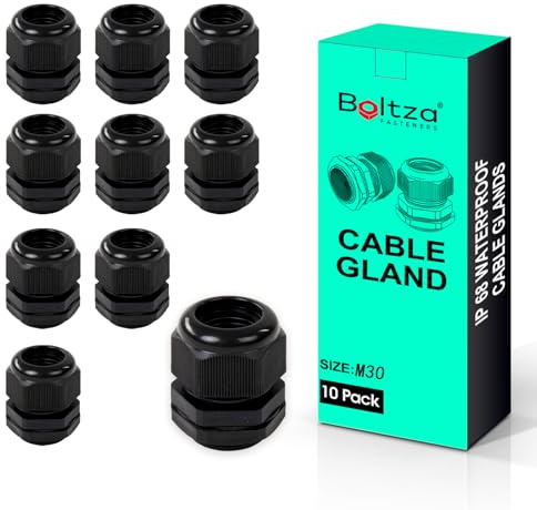 Boltza Black Nylon Cable Gland IP68 M30, 10 Pack | Waterproof Cable Connector for Electrical Enclosures, Junction Boxes, Outdoor Use, Conduit Gland
