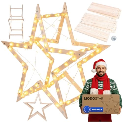 MODO24 DIY Stern MODOSTAR 3D Weihnachtsstern Set aus FSC Holz, Sternabmessungen: 114 cm, zum Aufstellen im Garten & Terrasse, wetterfest, faltbar & stabil, Weihnachtsdeko, Farbe: Natur imprägniert