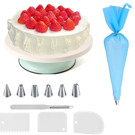 Qtuie Qtuie- Piatto per torta rotante, per decorare torte, con grattacieli, blocco, borsa per torte e teste
