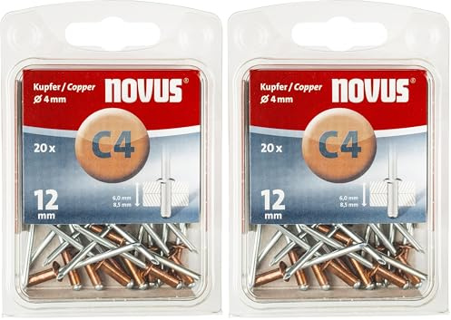 Novus Kupfer-Blindnieten 12 mm, 20 Stk., Ø 4mm, 6.0-8.5 mm Klemmlänge, für korrosionsbeständige, leitfähige Verbindungen (Packung mit 2)