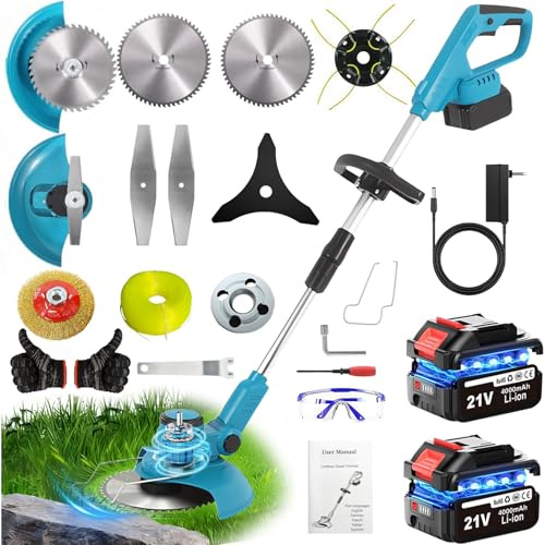 TOPALL Debroussailleuse Electrique Sans Fil, Coupe Bordure Sans Fil avec Batterie 2*4Ah, Debrouissalleuses Batterie avec 1000W Bushesless, 20000trs/min, Coupe 20cm, 5 Types Lames et Brosses Désherbage