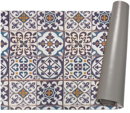 ANRO Küchenläufer Teppich Läufer Flur Küchenteppich rutschfest Küchenmatte PVC abwaschbar Flurläufer pflegeleicht Blaue Fliesen 450 x 67 cm