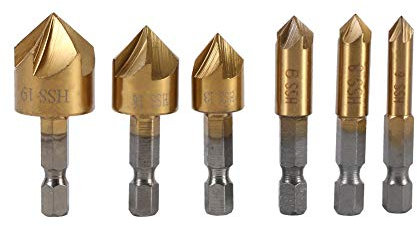 Tosuny 6Pcs Punta trapano svasatore HSS 90 gradi, Utensile taglio con codolo cilindrico 1/4 esagonale - Ideale per smussare, sbavare e svasare (6mm-19mm)