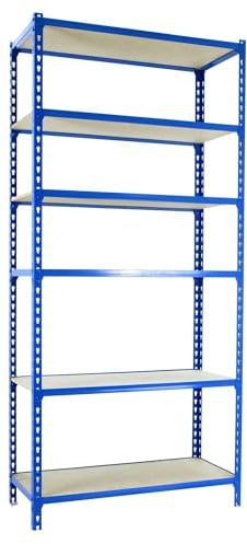 SimonRack Schwerlastregal, Lagerregal, 250x80x30 cm, Metallregal, Kellerregal, Biegestelle 150 kg, 6 Holzfachböden, Blau/Holz - Maderclick