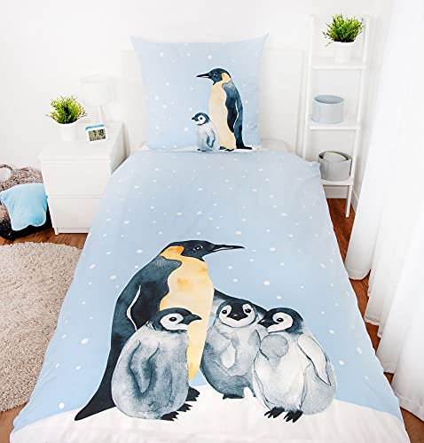 Klaus Herding GmbH Biber Bettwäsche Set mit Pinguin 135 x 200 cm 80 x 80 cm 100% Baumwolle