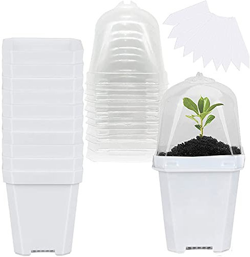 GIONAR 10PCS Plant Nursery Pots with Humidity Dome 7.6cm/3inch Plastic Gardening Pot with Labels, Small Plant Container for Seedlings/Vegetables/Succulents/Cuttings