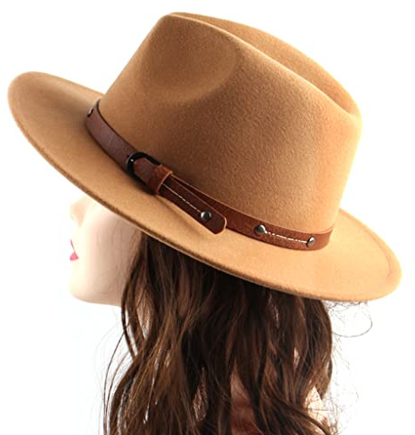 ericotry Klassischer Retro-Hut mit breiter Krempe, Fedora-Hut, Gürtelschnalle, Wollfilz, Panama-Hut, Jazz-Hut für Damen und Herren, Khaki