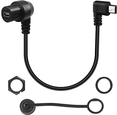 QIANRENON 90 Degree Angle Mini USB Round Recessed Waterproof Extension Cable Mini USB 5 Pin Right Angle Male to Female Panel Mount Cable, Threaded to Dashboard or Panel,28cm/11in (Right Bend Male)