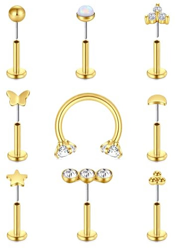 MODRSA 16G Lippenpiercing Stud Labret Gold Piercing Chirurgenstahl Gewindelos Tragus Helix Piercing Lippen Eindrücken Conch Piercing Ohrstecker