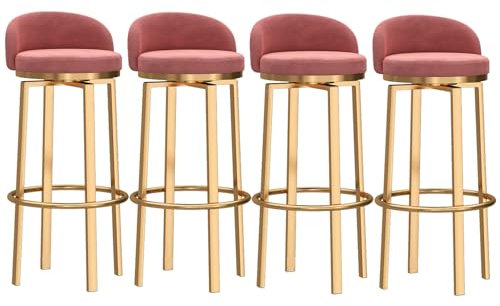 Guyifuny Taburetes giratorios de Terciopelo para Cocina, taburetes de Bar para Desayuno, Juego de 4 con Patas de Metal Dorado, sillas de Bar Modernas para Isla de Cocina/Pub, Rosa