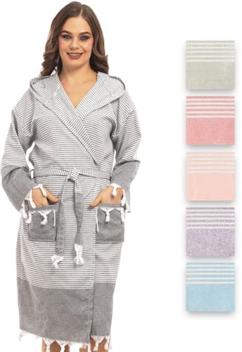 Bademantel aus Hamamtuch, Saunatuch, Sauna bademantel damen für ultimativen Luxus, mit Gürtel & Kapuze - Langform Frauen (S-M, Schwarz)