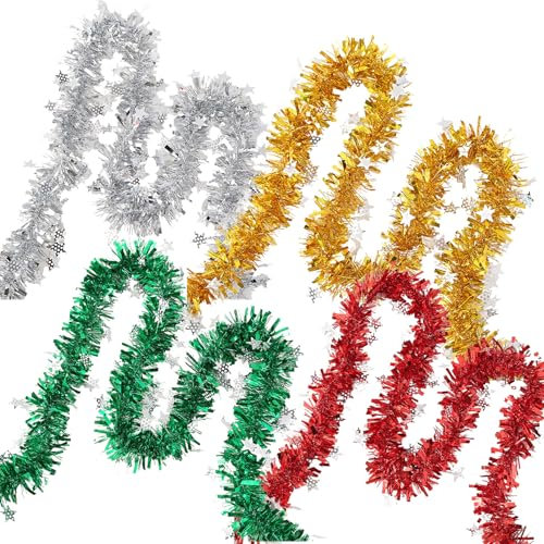 4 Pcs Christmas Tinsel Christmas Tree,Metallic Red Green Gold Silver Thin Tinsel String Garland Hanging Decoration,Glitter Ribbon Shiny Ornaments New Year Party Indoor/Outdoor Decorations