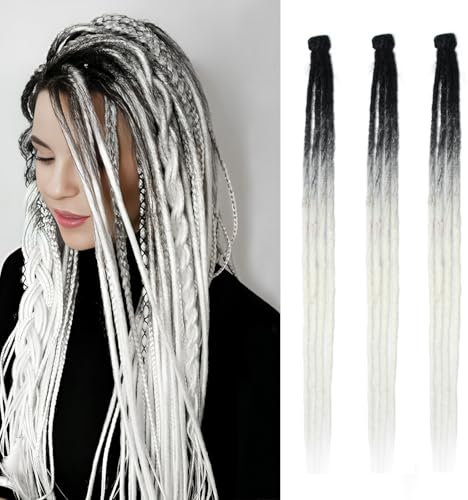 Dsoar Dünne Dreadlock Erweiterungen 24 Zoll Clip In Dreads Ombre Handgemachte Dreads 3Pcs Crochet Loc Erweiterungen(Schwarz+Weiß)