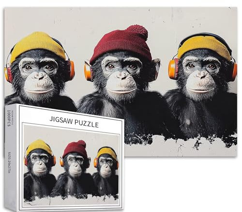 Puzzle mit drei Affen mit Kopfhörern, 1000 Teile, für Erwachsene, Schwarz-Weiß-Stil, Kunst-Puzzle, anspruchsvolle Familienaktivitäten, buntes Bastelpuzzle für Heimdekoration, Geschenke, 68 x 50 cm