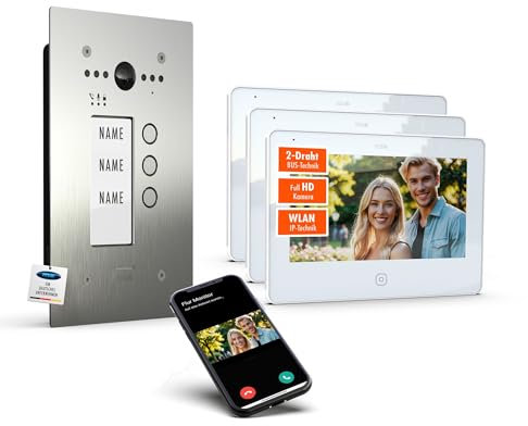 m-e ALLVISO Video Türsprechanlage, 2 Draht IP BUS, Unterputz Gegensprechanlage mit Kamera und Türöffner, 7 Monitor, kostenlose Handy App, Türklingel mit Kamera und Türöffner fürs 3 Familienhaus