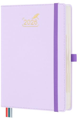 BEZEND Kalender 2026 Tagesplaner A5 1 Tag 1 Seite mit 2 Spalten - Tageskalender 2026 Hardcover mit Monatsregister. Terminplaner & Buchekalender 2026, 432 Seiten - Lila