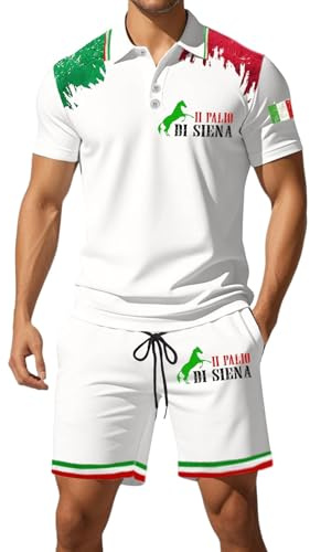 Bauzuoyo Sommer Outfit Herren Zweiteiler Sportlich Kleidung Italien Flagge Aufdruck Fußball Trikot Streetwear Bequeme Sportanzug Kurz Fitness Trainingsanzug Kurzarm Revers Tshirt und Shorts