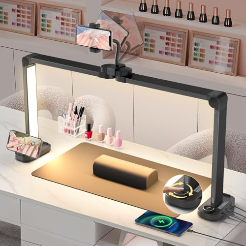 Adonafy Desktop Halbmondlampe für Nägel mit Handyhalter: 34 LED Halbmond Wimpern Lampe für Nageltechniker - 3 Farbmodi Und 10 Helligkeitsstufen Bogen Tischlampe für Tattoo Maniküre (Schwarz)