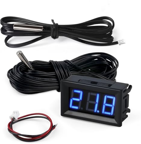 FBBULES 12V Digital Thermometer with Probe Water Temperature Meter Gauge Waterproof Electronic Thermometer for Aquarium Fish Tank Refrigerator, Wire: 1M+5M, Blue