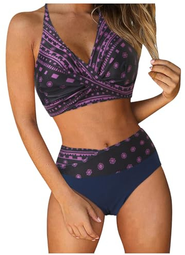 Costume Donna Due Pezzi Vita Alta Bikini Donna Vita Alta Arricciato Retrò Sexy Push-Up Imbottito Staccabile Spalline Regolabili Stampa All-Over Spiaggia Piscina Vacanze Set per Ragazze Comodo