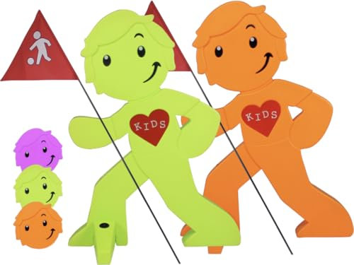 StreetBuddy - Warnfigur mit Fahne, reflektierender Warnaufsteller für Kindersicherheit - Achtung langsam Fahren - Vorsicht spielende Kinder - Schild Autofahrer Warnung - 2er Set (Grün/Orange)