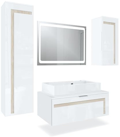 Vladon Ensemble de Meubles de Bains Aloha V2, Corps en Blanc Mat, Façades en Blanc Haute Brillance avec Un décor en Chêne Brut, avec Vasque à Poser et Miroir LED