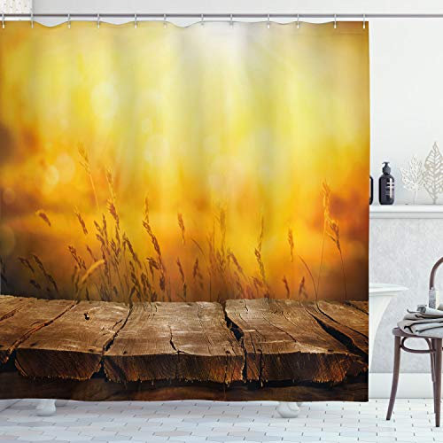 ABAKUHAUS Blätter Duschvorhang, Leerer Tisch und Weizen, Stoffliches Gewebe Badezimmerdekorationsset mit Haken, 175 x 200 cm, Braun Orange Gelb