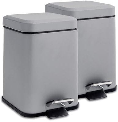 Harbour Housewares 3L Bathroom Bins - Matte Grey - Pack of 2 - Square Stainless Steel Pedal Bin Slim Kitchen Rubbish Trash Can Garbage Dustbin with Lid and Inner Liner Bucket