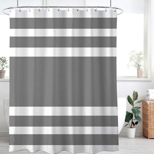 WELTRXE Shower Curtains Mould Proof Resistant, Waterproof Quick Dry Polyester Fabric Bath Curtain with 12 Hooks, Weighted Hem, 183x183 cm, Grey Striped Bathtub Curtain for Shower, Washable