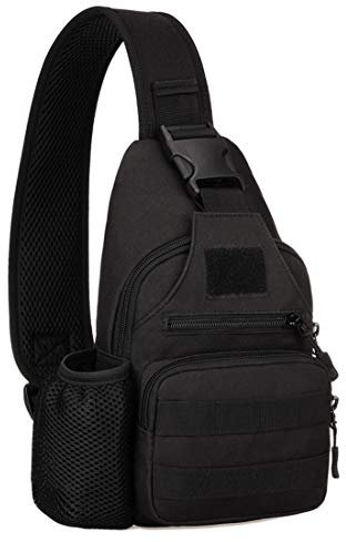 Selighting Sac de Poitrine Tactique Sacoche Bandoulière Cross Body Sac à Dos Militaire avec Poche de Cruche à Eau pour Voyage Randonnée Camping (Noir-02)