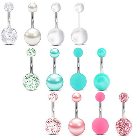 Mayhoop 12Pcs Piercing Ombelico con Sfera in Acciaio Chirurgico Perline di Gomma Glitter 14G 10mm Gioielli per Il Corpo Piercing Donna Green Mix