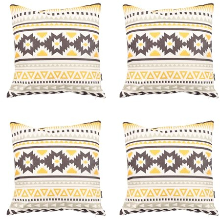 Icon Kissen, 4er Pack, Boho Kollektion, Drinnen und Draußen Stoff, Gelb Azteken Muster, 43cm x 43cm, Wasserabweisendes Kissen, Lounge, Terrasse, Garten, Gartenmöbel