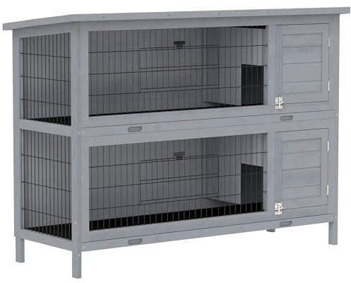 PawHut 54 2-Story Large Rabbit Hutch Bunny Cage Wooden Pet House Small Animal Habitat with Lockable Doors, No Leak Tray and Waterproof Roof for Outdoor/Indoor Grey