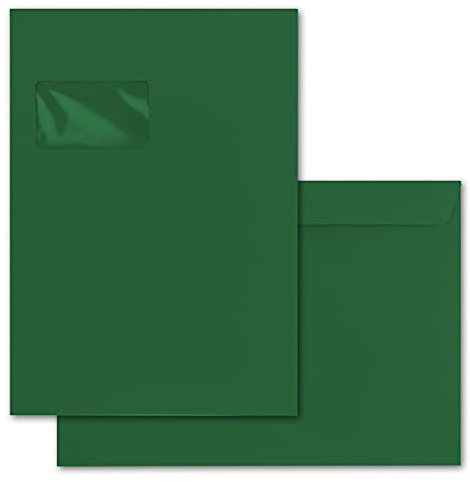 100x große XXL Briefumschläge DIN C4 in Dunkelgrün (Grün) - 22,9 x 32,4 cm - Haftklebung mit Fenster - Versandtasche für DIN A4 geeignet