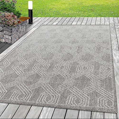 SIMPEX Outdoor Teppich, Geometrisch Design, Grau, 240 x 340 cm, Skandinavischer Stil, für Küche, Balkon, Terrasse, Garten, Picknick
