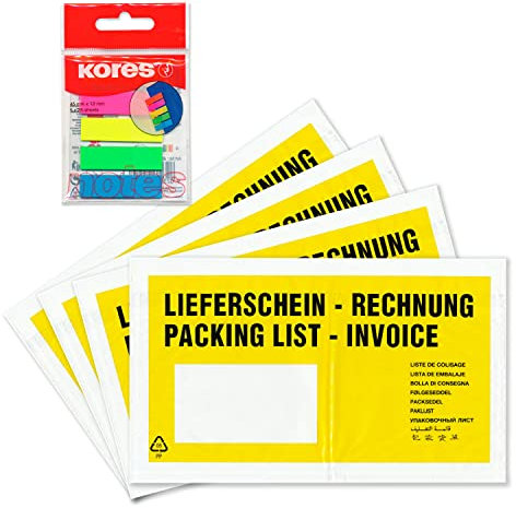 WPTrading - 1.000 x Lieferscheintaschen 225 x 120 mm in DIN-LANG Gelb Lieferschein/Rechnung inkl. 125 Page-Marker in 5 Farben - Dokumenten-Taschen selbstklebend - Begleitpapiertaschen für Versand