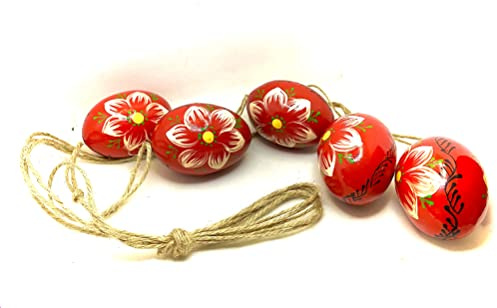 Ukrainisches Kunsthandwerk Fensterdeko 5 hölzerne Eier zum Aufhängen/Handbemalt/Osterdeko (Rot/Beige.bl)