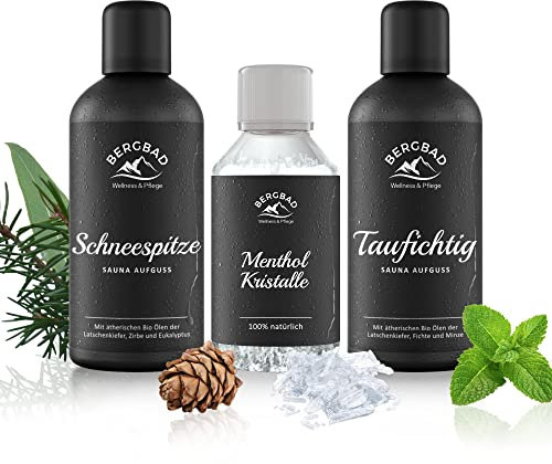 BERGBAD 2 x 100ml WALDHÜTTE Set BIO Saunaaufguss + Mentholkristalle - wohltuendes, erfrischend s Sauna Aufgussmittel mit Bio-Alkohol, Wasser und 100% BIO Ölen + Eiskristalle/Saunakristalle