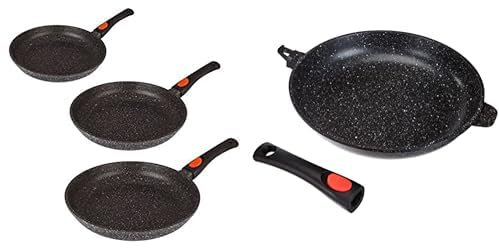 Kamberg 0008019 Manche Amovible, Fonte d'Aluminium, Revêtement type pierre, Tous feux dont induction, Sans PFOA, Poêles 20 / 24 / 28 cm, Lot de 3 & Poêle 32 cm - Manche Amovible - Fonte d'Aluminium