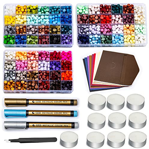 Wachssiegel-Perlen-Set, Vosypoky 2040 Stück Siegelwachsperlen mit 72 Farben, Wachssiegel-Set mit Wachs-Metallic-Stiften, Pinzetten, 10 Kerzen und 10 Umschlägen für Geschenke und Bastelarbeiten