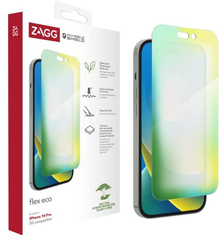 ZAGG InvisibleShield Flex Eco Screen Protector for iPhone 14/13 Pro, Shockproof, Scratch Resistant, Organic, Glass-Like, Anti-Microbial, (Clear)