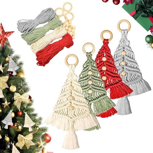 4PCS Christmas Tree DIY Kit, Christmas Handmade Macrame Woven Tree DIY Kit, Hanging Ornaments For Holiday Wall Hanging, Make Your own Bohe Christmas Tree DIY Kit for Beginners
