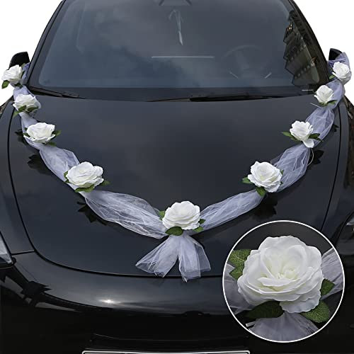 DazSpirit Autoschmuck Hochzeit Weiße, Braut Paar Rose Hochzeitsauto Deko mit Saugnäpfen, Tüll, Kabelbindern und Klebeband, Elegante Girlande Autoschmuck Hochzeit Motorhaube Deko