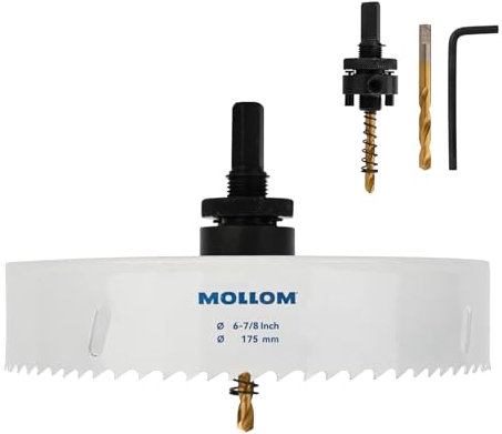 MOLLOM (175mm | 6-7/8) Scie-cloche bimétal HSS M42 avec 8% de cobalt avec 2 forets pilotes et mandrin, coupe lisse pour PVC, plaque de plâtre, bois, plastique, plaque de plâtre, caoutchouc