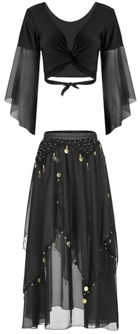 Manyakai Bauchtanz Kostüm Damen Sexy Chiffon Wickeljacke Kurz Top Cut Out Wickel Oberteil Bauchfrei Asymetrisch Tanzrock Midi Rock Mit Münzen Tanzkostüm