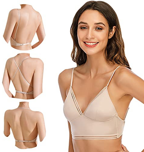 BKEPDY Damen BH mit Tiefem Rücken für Frauen Deep V Multiway Plunge Bra Push-Up BH Unterwäsche Rückenfreier BHS Unterwäsche Abnehmbar Wandelbarer Träger (Beige S (32/70ABC))