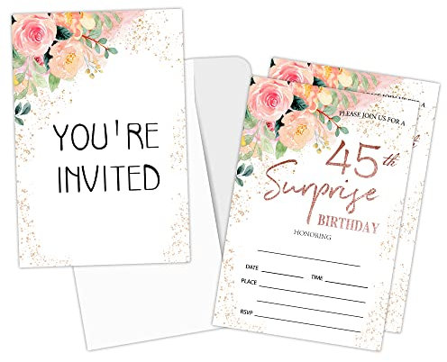 Zodvery Party-Einladungskarten zum 45. Geburtstag, 45 Jahre altes Rosen-Blumenmuster, rosa Themenpartyzubehör für Erwachsene, Frauen oder Männer, 20 Einladungen zum Ausfüllen und 20 Umschläge, 59